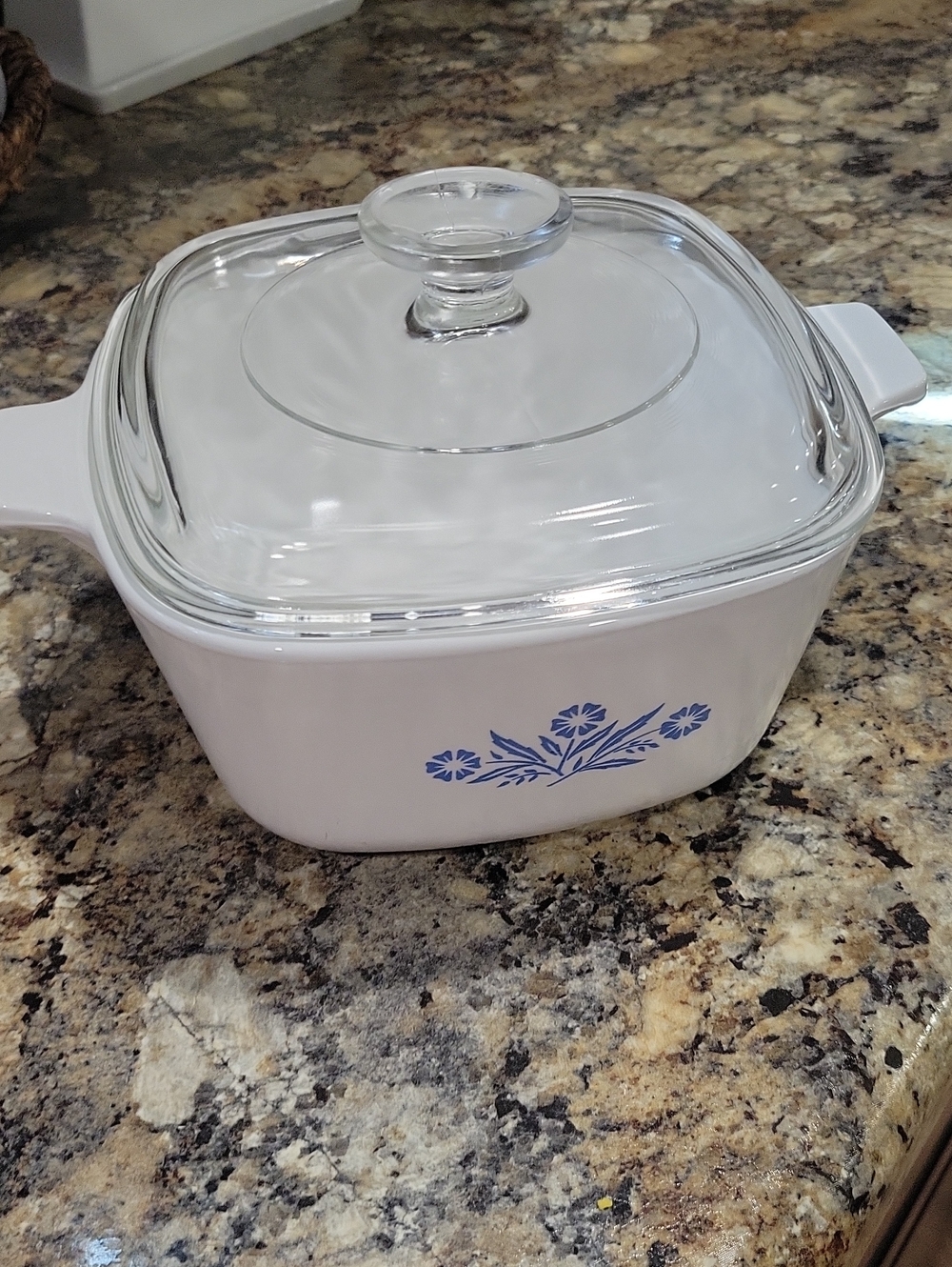 Corningware White Casserole with Blue Floral Design and Glass Lid 1 3/4 Quart